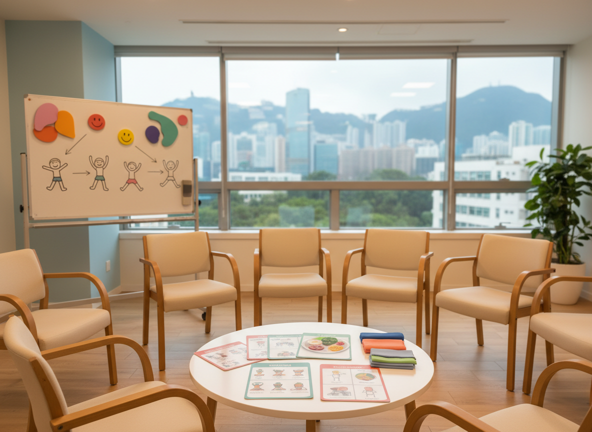 A serene activity space prepared for a community elderly wellness workshop, captured before participants arrive. Softly padded chairs with supportive armrests are arranged in a semi-circle around a low white table holding large-print illustrated cards about exercise and nutrition, plus neatly stacked resistance bands and foam balls. On one side, a mobile whiteboard displays hand-drawn diagrams and colourful magnets instead of words. Large windows reveal a subtle hint of Hong Kong high-rises and greenery, with diffused afternoon light brightening the pastel walls. The mood is warm and respectful, suggesting dignified elderly care. Photographic realism, eye-level composition following the curve of the chairs, with moderate depth of field so all equipment and layout remain crisp and clear.