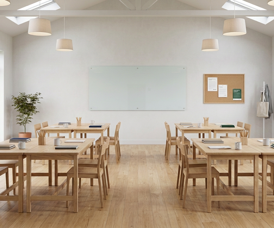 Meeting room with wooden tables and chairs, whiteboard titled Community Ideas