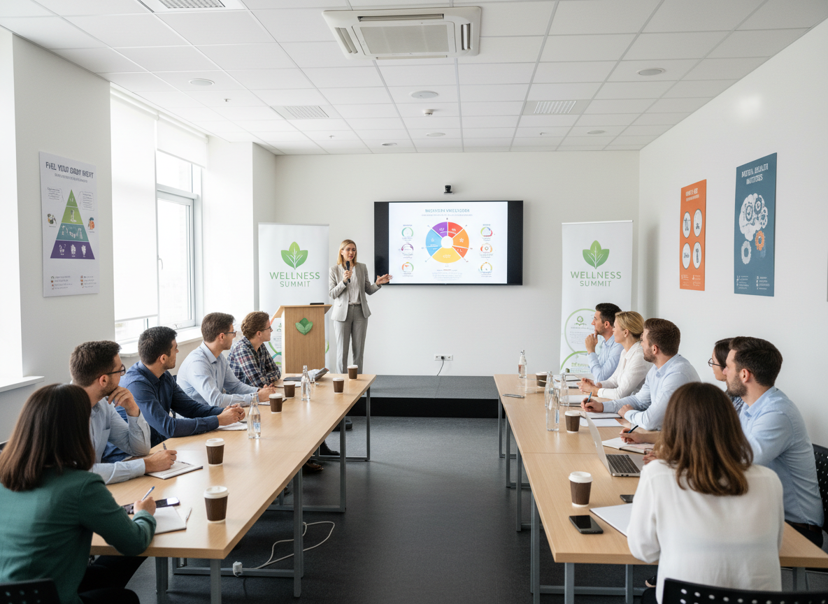Professional health seminar with speaker presenting to engaged workshop participants