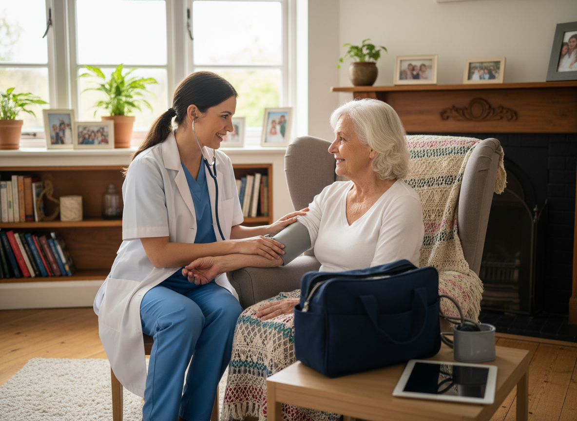 Professional nurse conducting home nursing visit with elderly patient in warm home setting